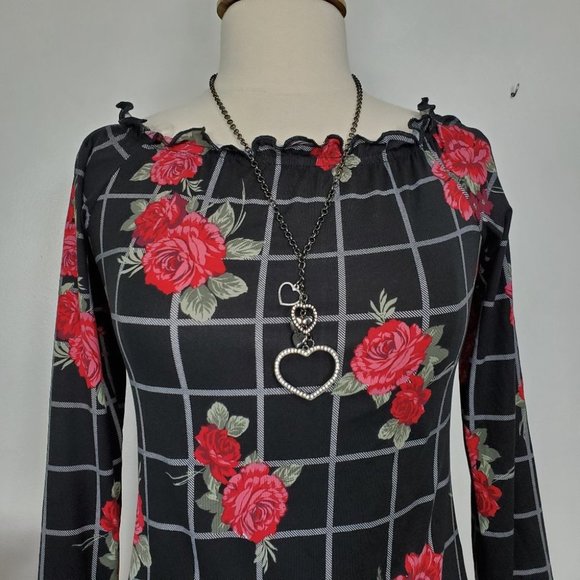 Ultra Flirt Black Gray Red Green Floral Grid Soft Off/On Shoulder Top L (Jun) - Picture 2 of 11